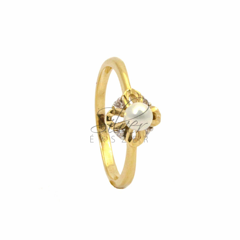 55-ös méretű sárga arany gyűrű tenyésztett gyönggyel és cirkónia kövekkel