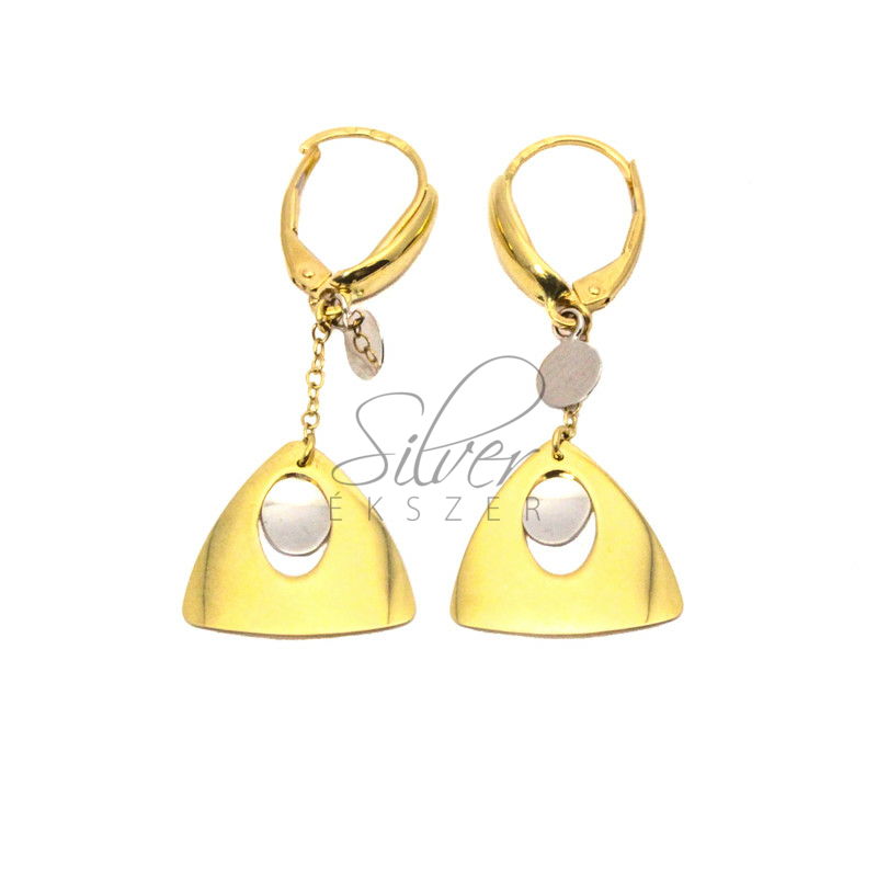 Női sárga arany modern fazonú csüngős fülbevaló fehér arany díszítéssel.